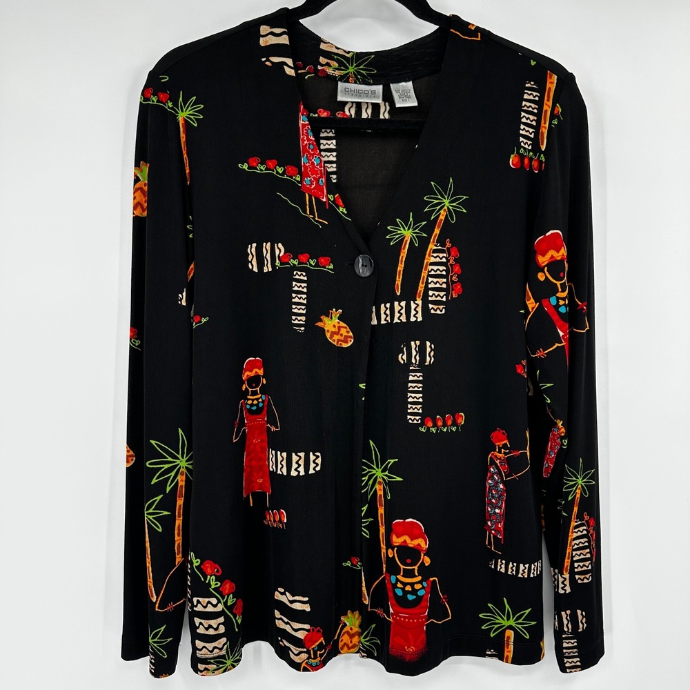 Chicos Travelers Black Novelty Tropical Cultural Top Size Medium Art to Wear